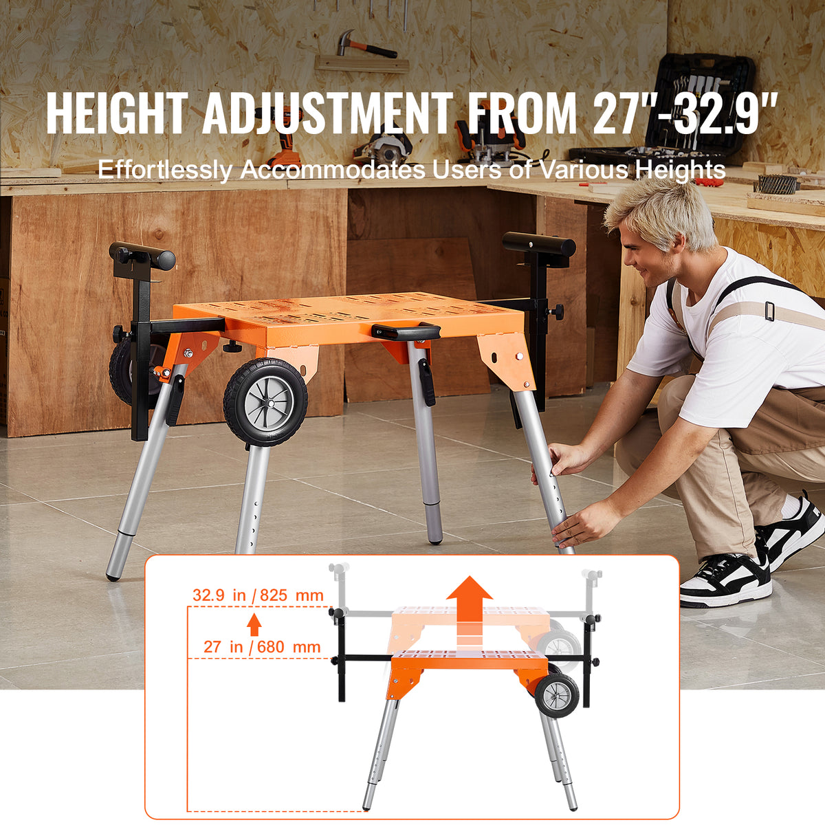 Portable Adjustable Miter Saw Stand with Wheels – 330 lb Heavy Duty Folding Work Table